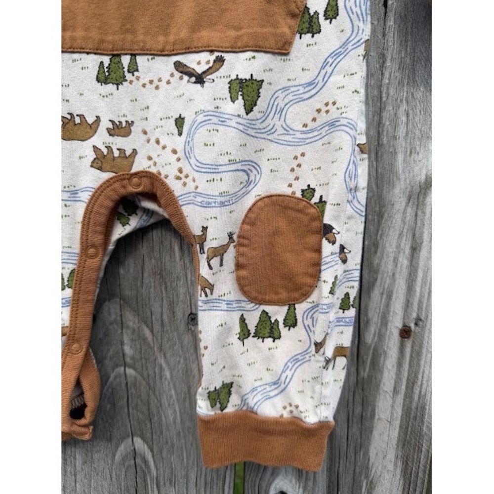 Outdoor Carhartt Romper Kids 6-9M Tan Nature Print Bear Eagle One Piece Rugged - Picture 3 of 11